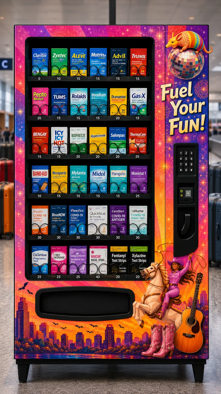 My BIO TESTS Hub wellness vending machine stocked with self tests, OTC medications, drinks and snacks