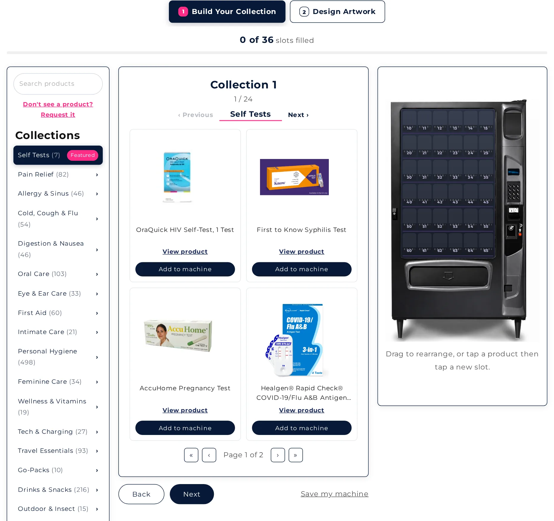 Build Your Collection interface showing a 36-slot vending machine and real products