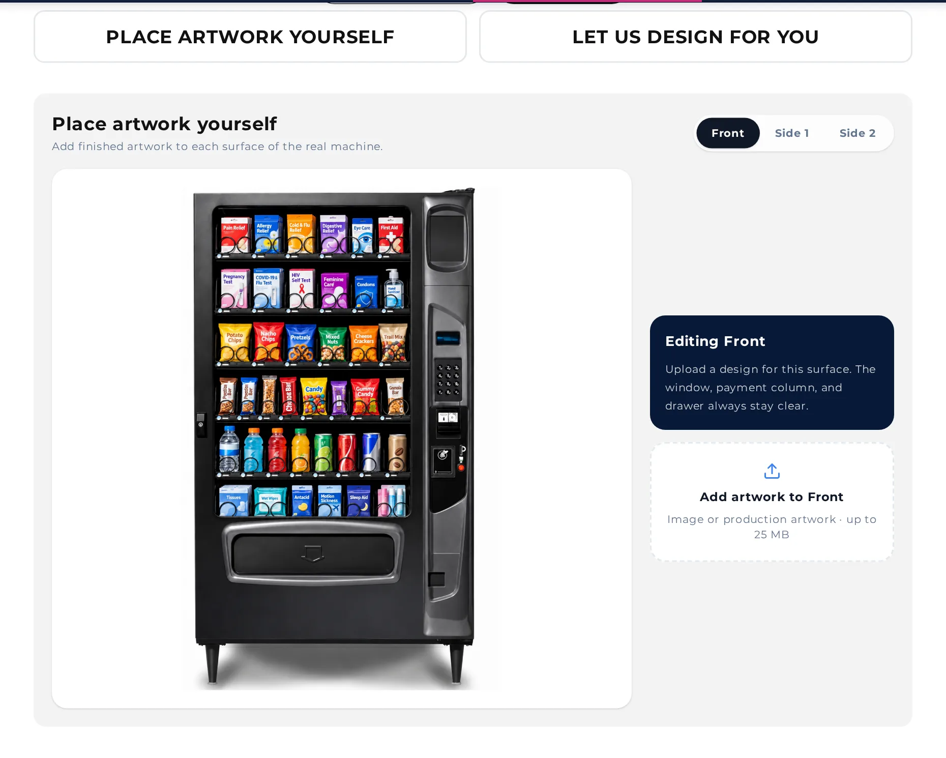 Design Your Wrap page showing Front, Side 1, and Side 2 artwork options